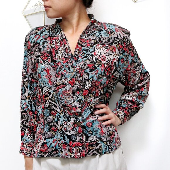 80s Black, Turquoise, Red & Beige Aztec Print Dust Jacket, Button Up Wrap Style - Picture 5 of 9